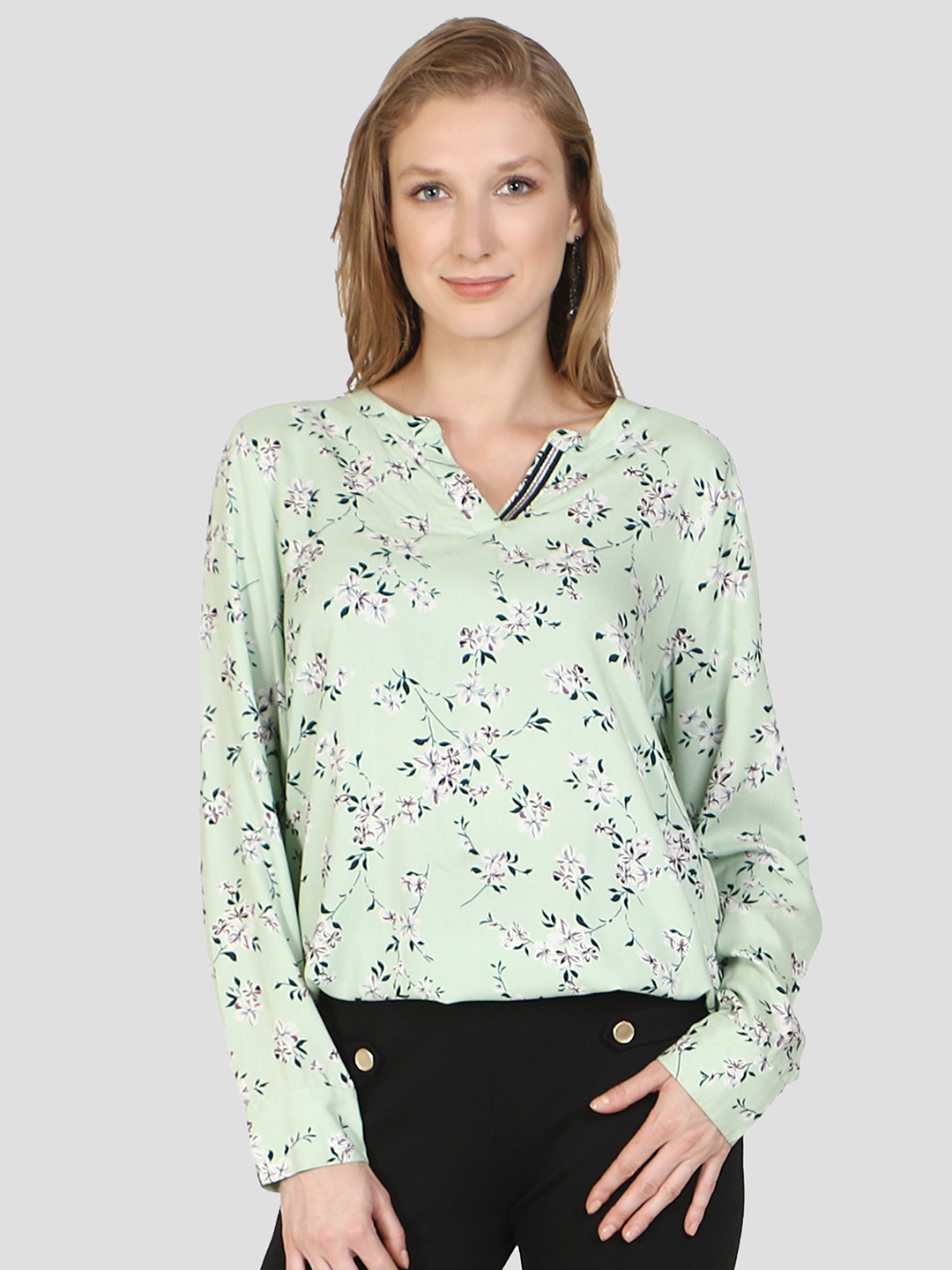 

DRIRO Floral Print Mandarin Collar Viscose Rayon Top, Green
