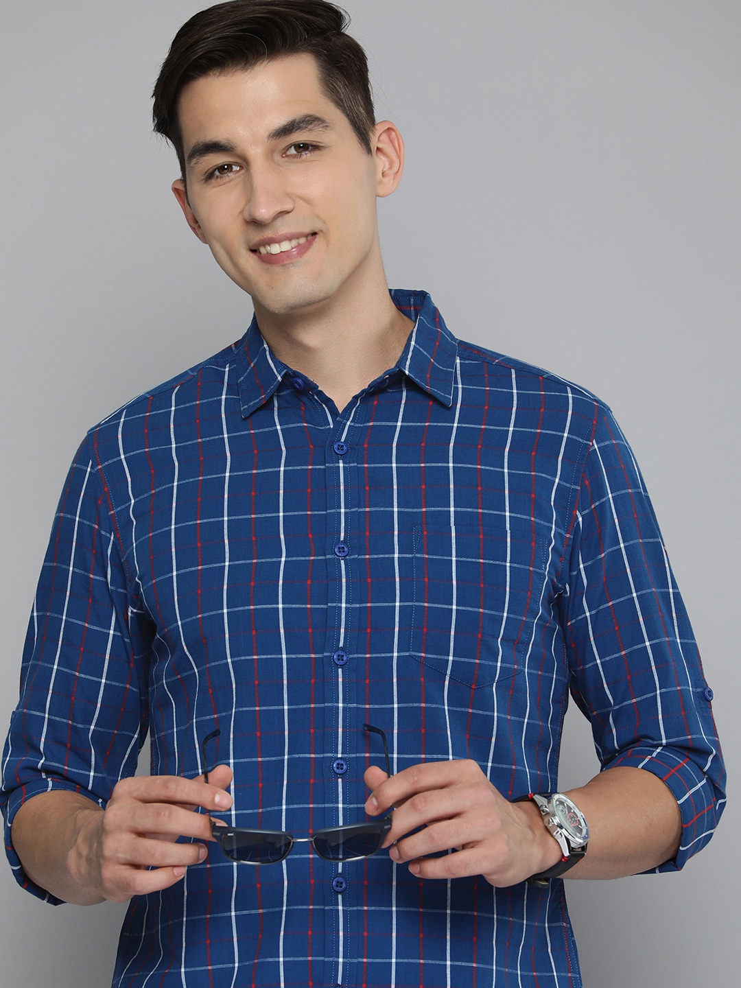 

HERE&NOW Men Navy Blue Slim Fit Tartan Checks Casual Shirt