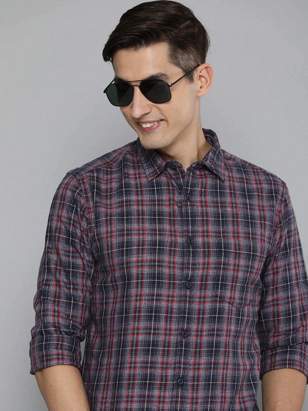 

HERE&NOW Men Grey Slim Fit Tartan Checks Casual Shirt