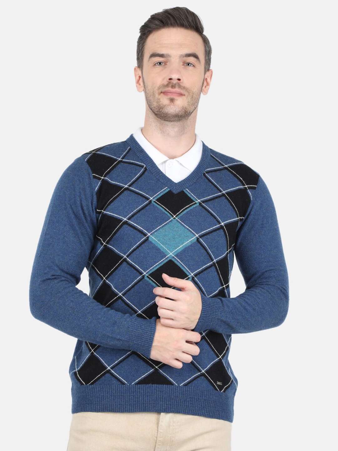 

Monte Carlo Mens Blend Wool Blue Intarsia V Neck Pullover