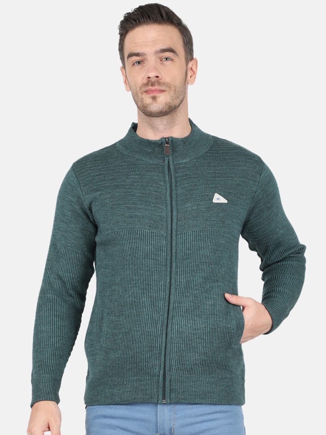

Monte Carlo Men Sea Green Blend Wool Turtle Neck Front Open Sweater