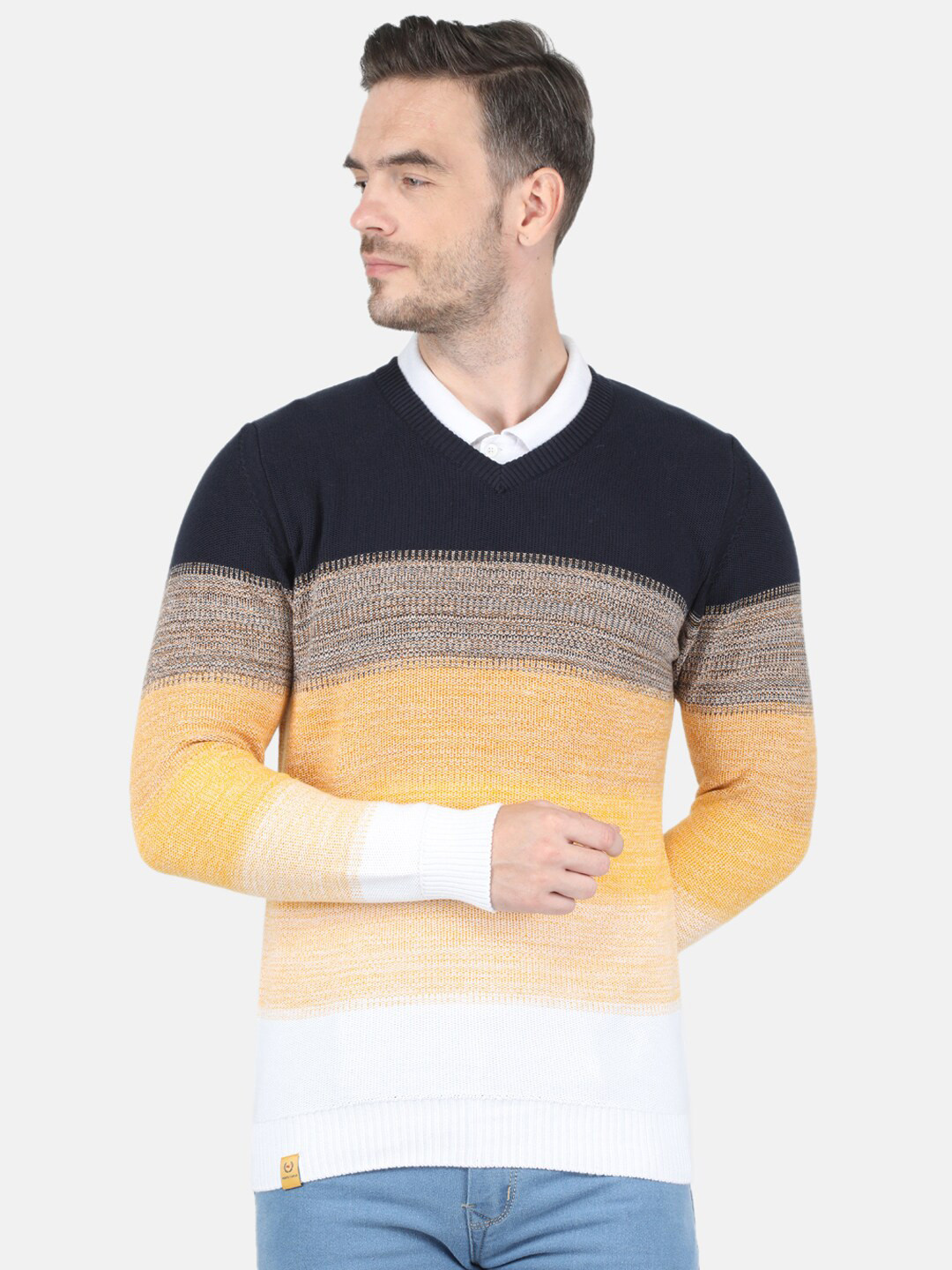 

Monte Carlo Men Black & Yellow Striped Cotton Pullover