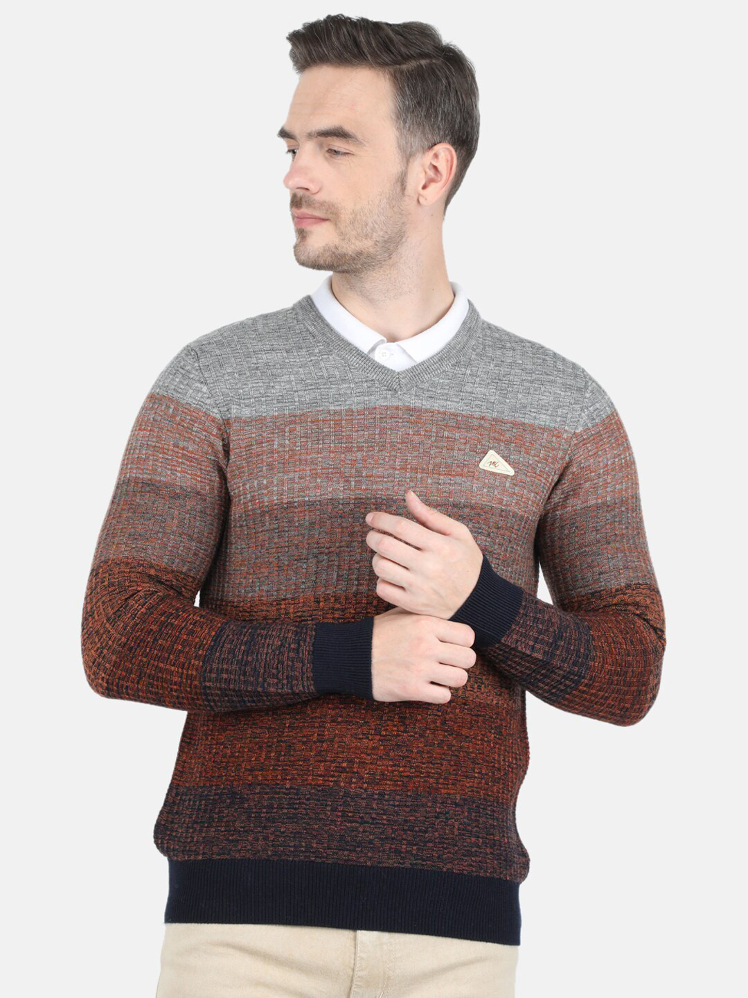

Monte Carlo Men Multicoloured Striped V-Neck Pullover, Multi