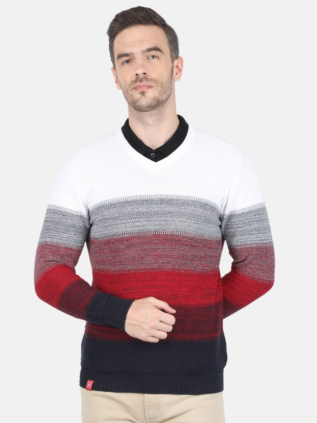 

Monte Carlo Men White & Maroon Striped Pullover