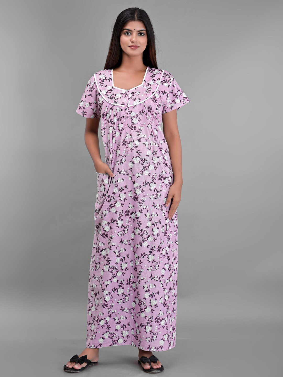 

Apratim Women Purple Printed Cotton Maxi Nightdress