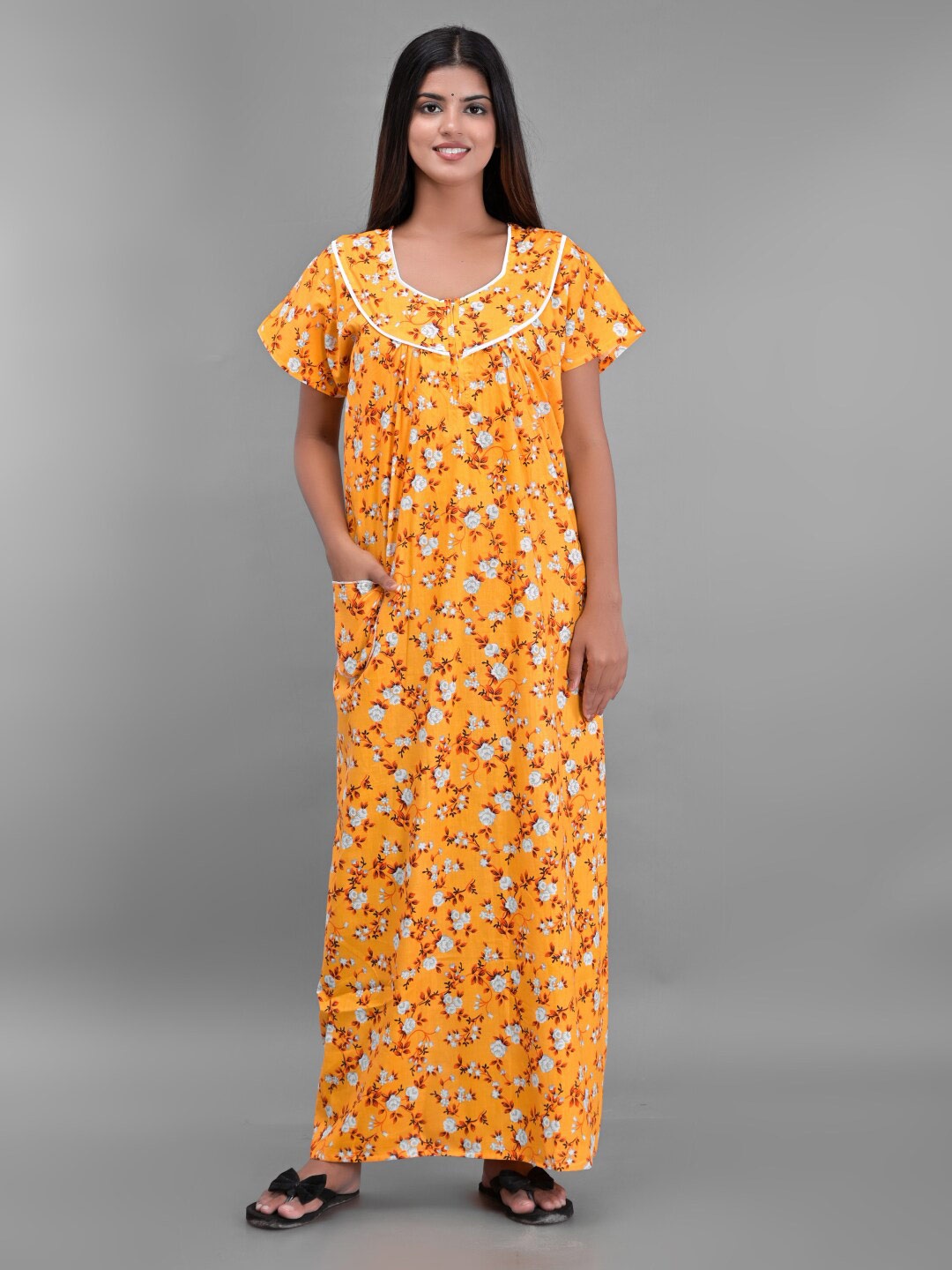 

Apratim Women Orange Printed Maxi Nightdress