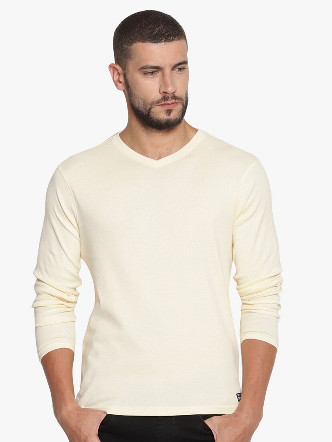 

Steenbok Men Off White V-Neck Slim Fit Long Sleeves T-shirt