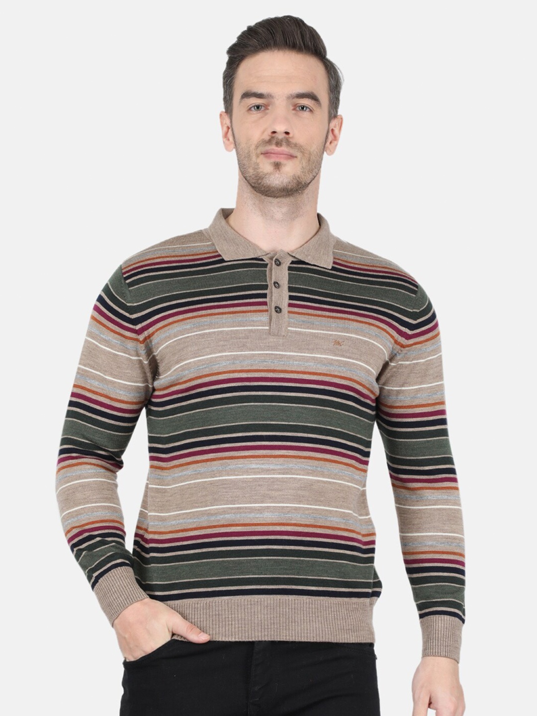 

Monte Carlo Men Beige & Black Striped Polo Collar T-shirt