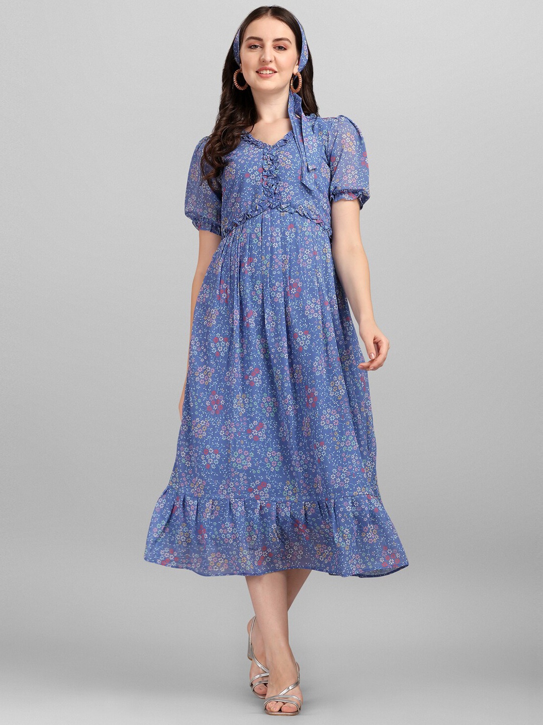 

Anaita Blue Floral Georgette A-Line Midi Dress