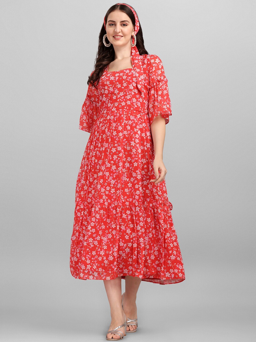 

Anaita Red & Pink Floral Georgette Midi Dress
