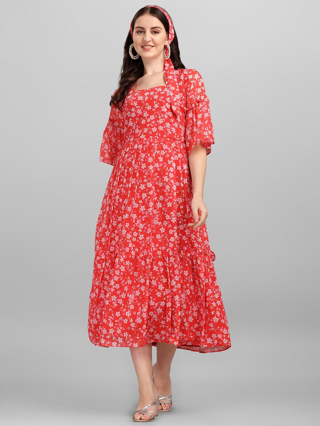 

Anaita Red Floral Georgette A-Line Midi Dress