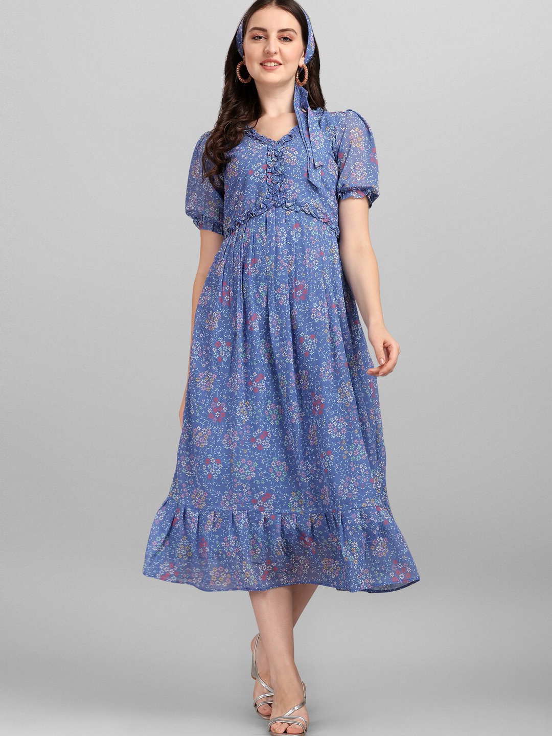 

Anaita Women Blue Floral Georgette A-Line Midi Dress