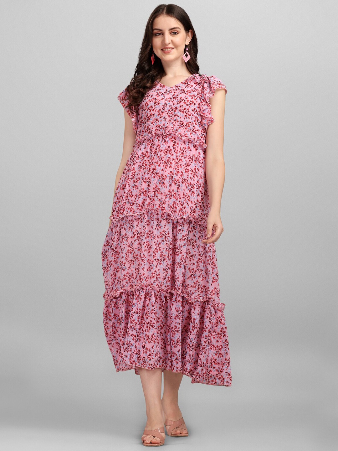 

Anaita Pink & Blue Floral Georgette A-Line Midi Dress