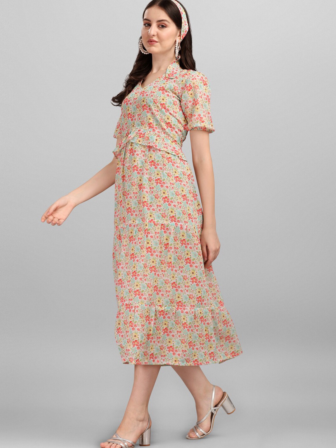 

Anaita Cream-Coloured Floral Georgette A-Line Midi Dress
