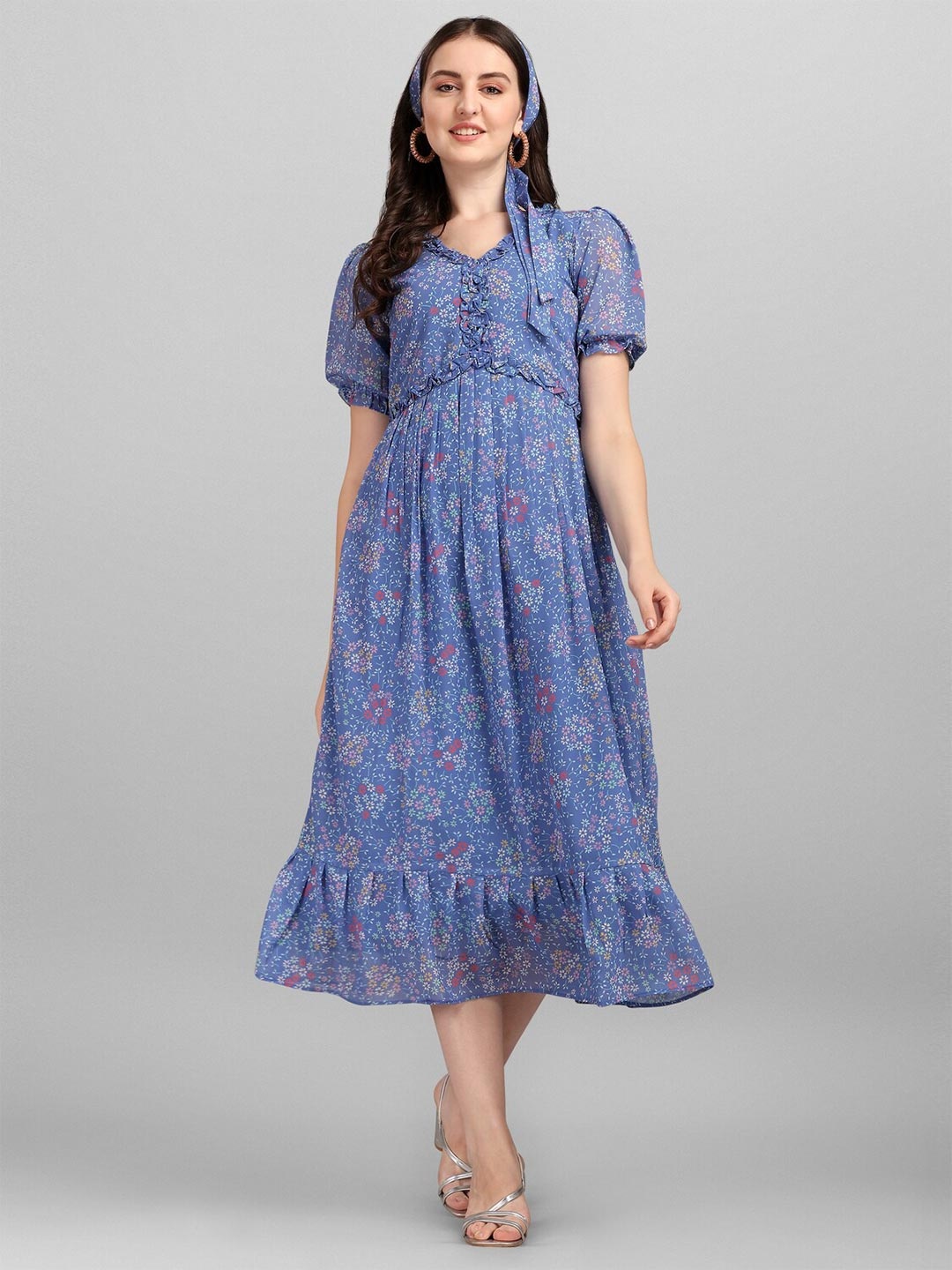 

Anaita Blue Floral Georgette A-Line Midi Dress