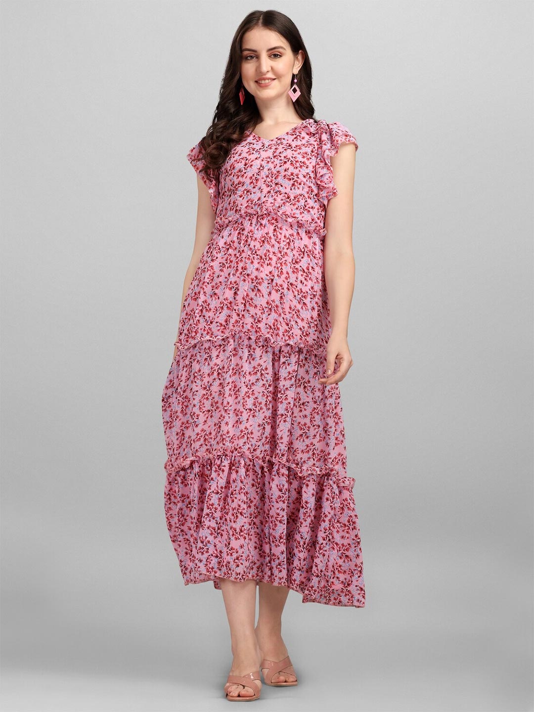 

Anaita Women Pink & Blue Floral Georgette A-Line Midi Dress