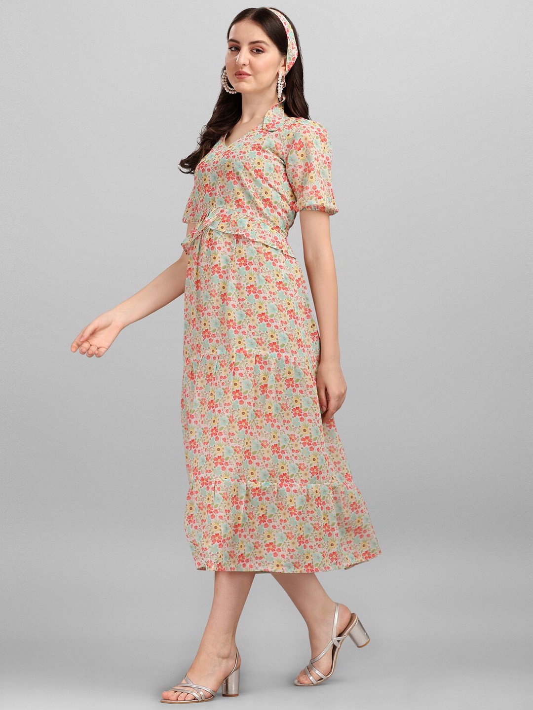 

Anaita Cream-Coloured Floral Georgette A-Line Midi Dress