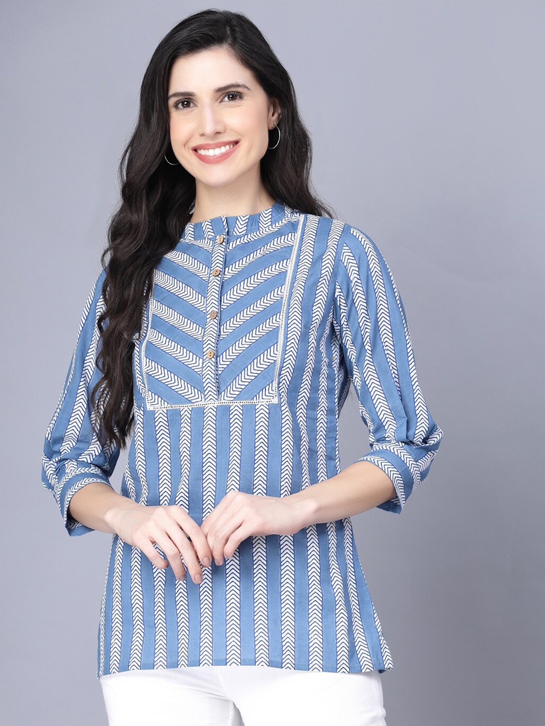 

Myshka Blue Striped Mandarin Collar Top