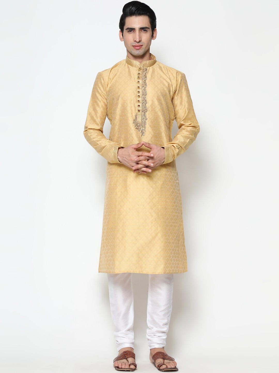 

COCOI LIFESTYLE Men Beige Yoke Design Dupion Silk Kurta with Pyjamas