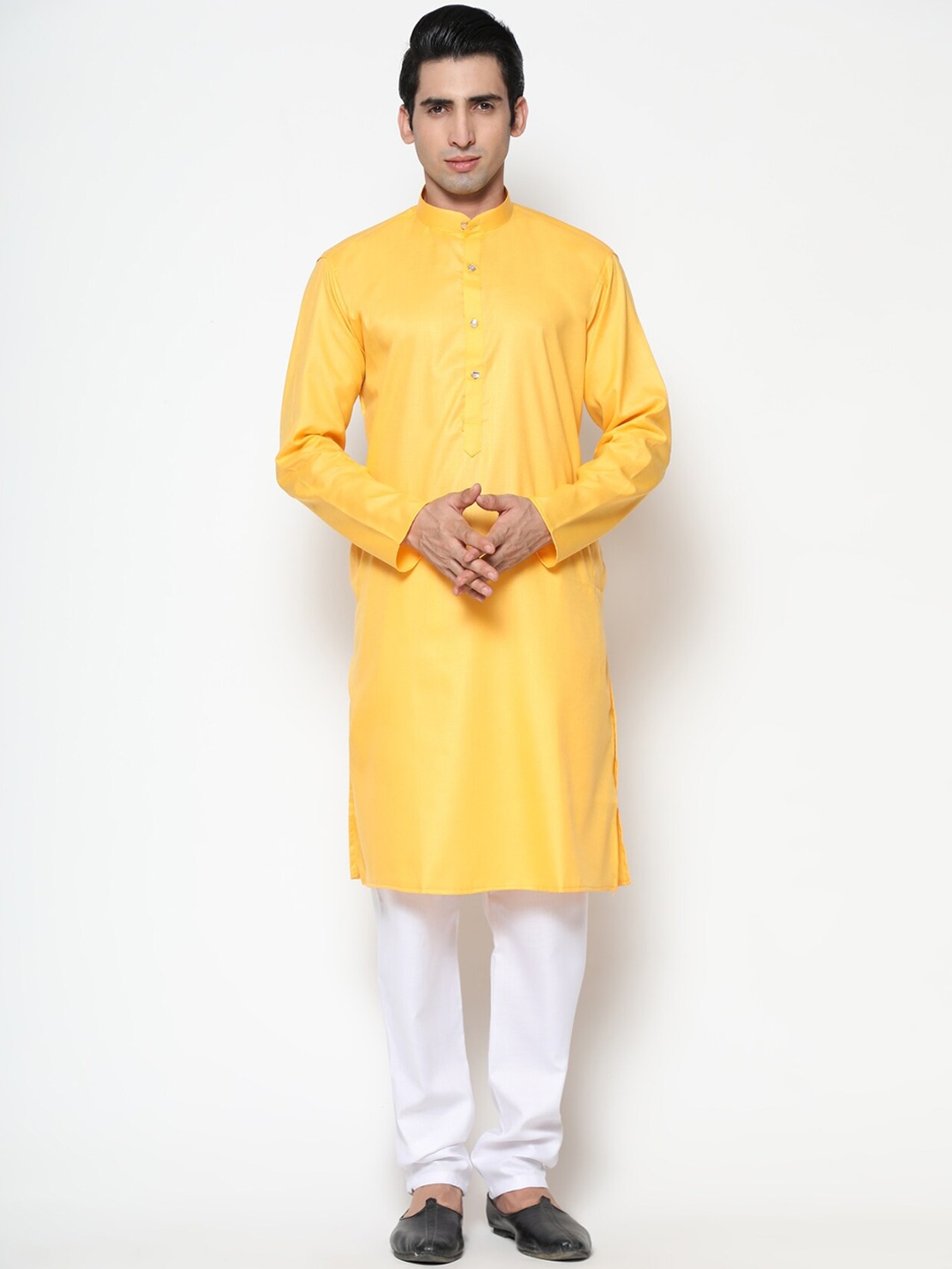 

COCOI LIFESTYLE Men Yellow & White Solid Dupion Silk Kurta with Churidar