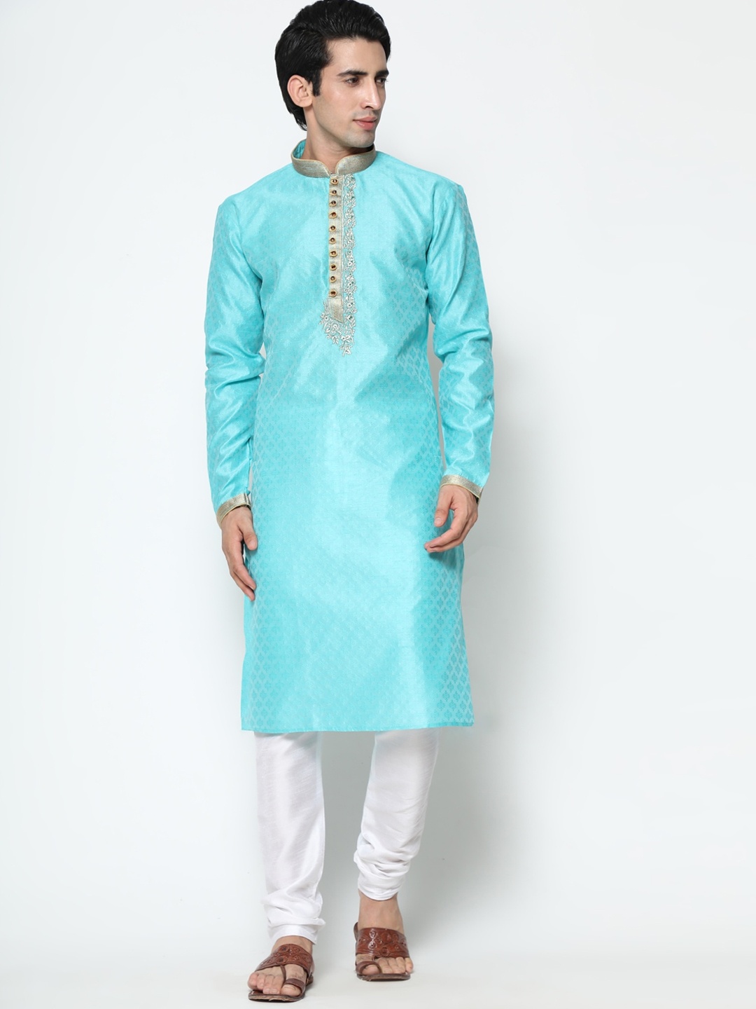 

COCOI LIFESTYLE Men Blue Woven Design Dupion Silk Kurta with Pyjamas