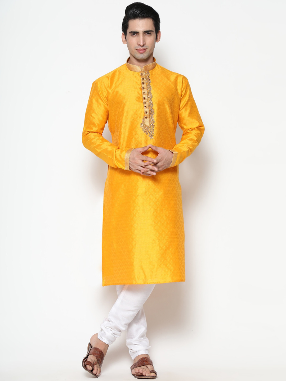 

COCOI LIFESTYLE Men Mustard Yellow Dupion Silk Kurta with Pyjamas