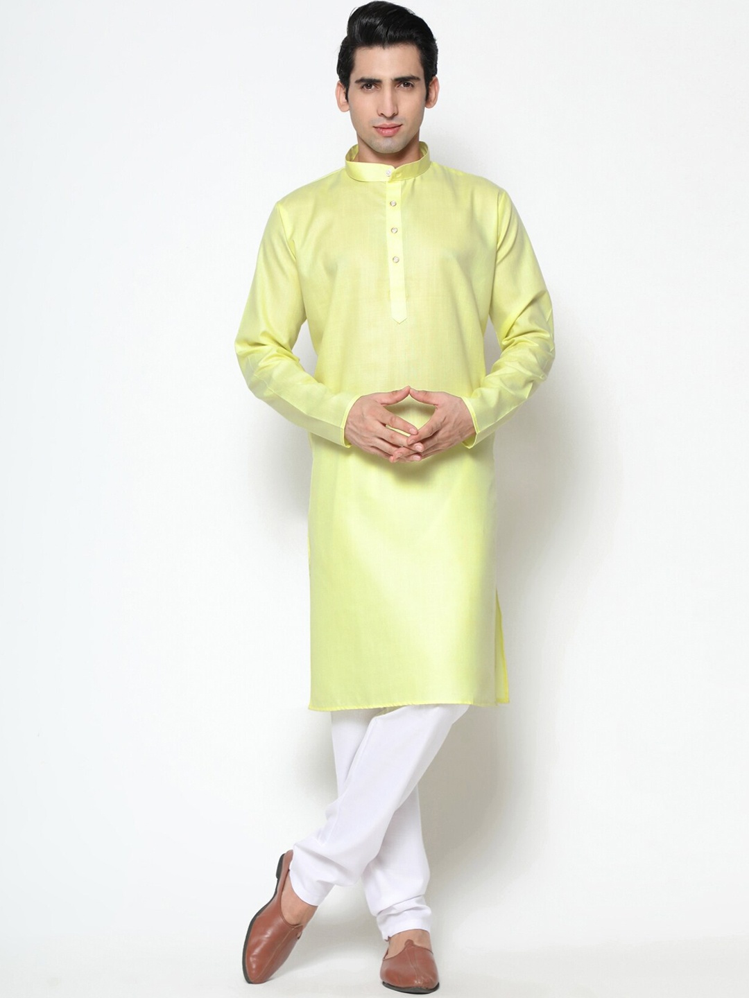 

COCOI LIFESTYLE Men Yellow Solid Angrakha Dupion Silk Kurta with Pyjamas