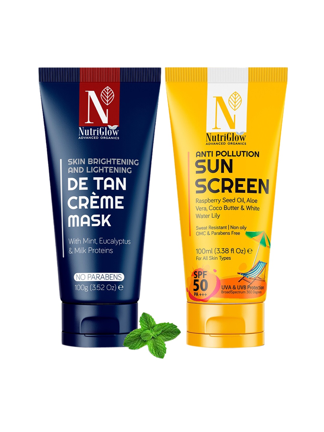 

Nutriglow Advanced Organics Set Of 2 De Tan Mask & Sunscreen SPF 50 PA+++, 100ml Each, Multi