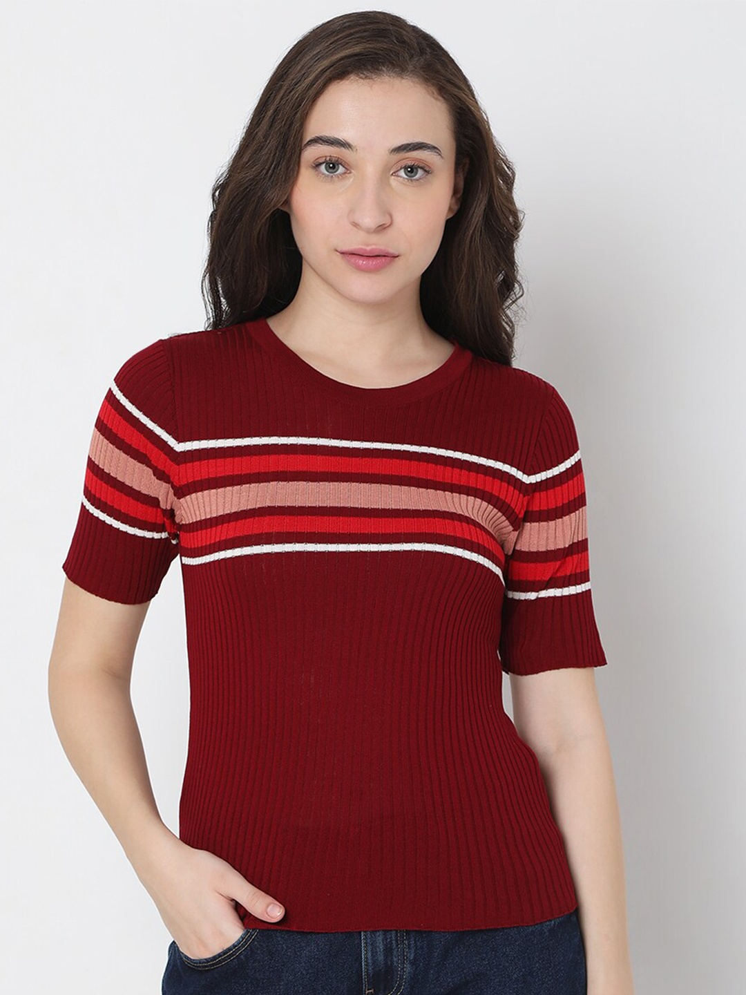 

Vero Moda Women Beige Striped Printed Pullover, Maroon