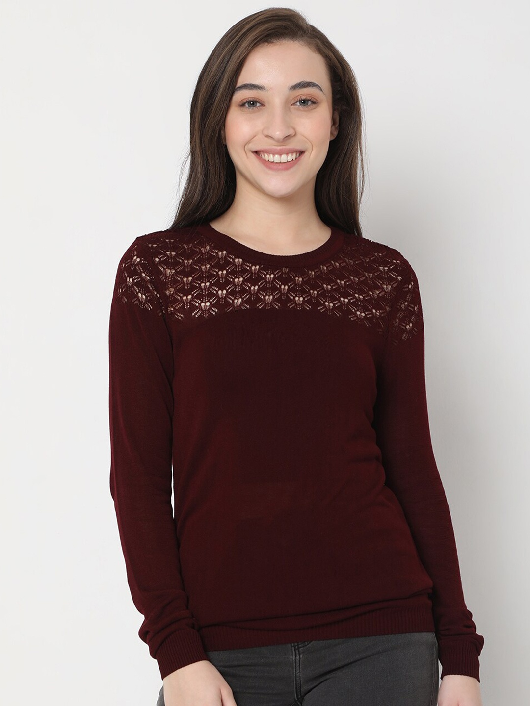 

Vero Moda Women Maroon Solid Self Design Neck Pullover Sweater