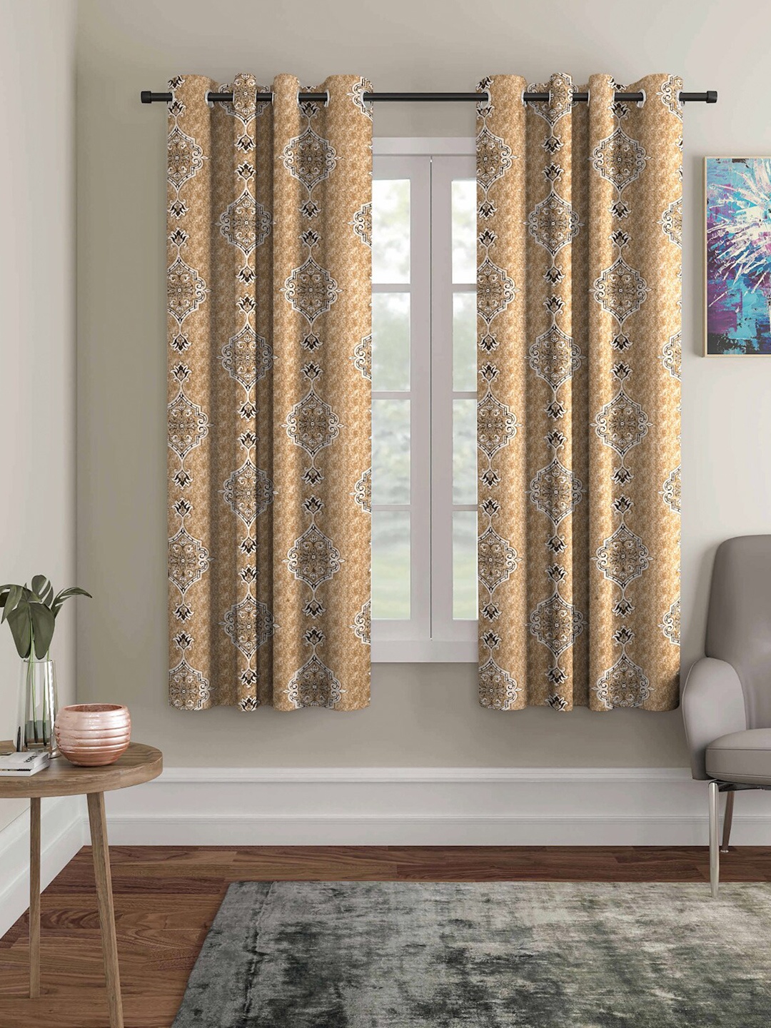 

ROMEE Gold-Toned & White Set of 2 Ethnic Motifs Room Darkening Window Curtain