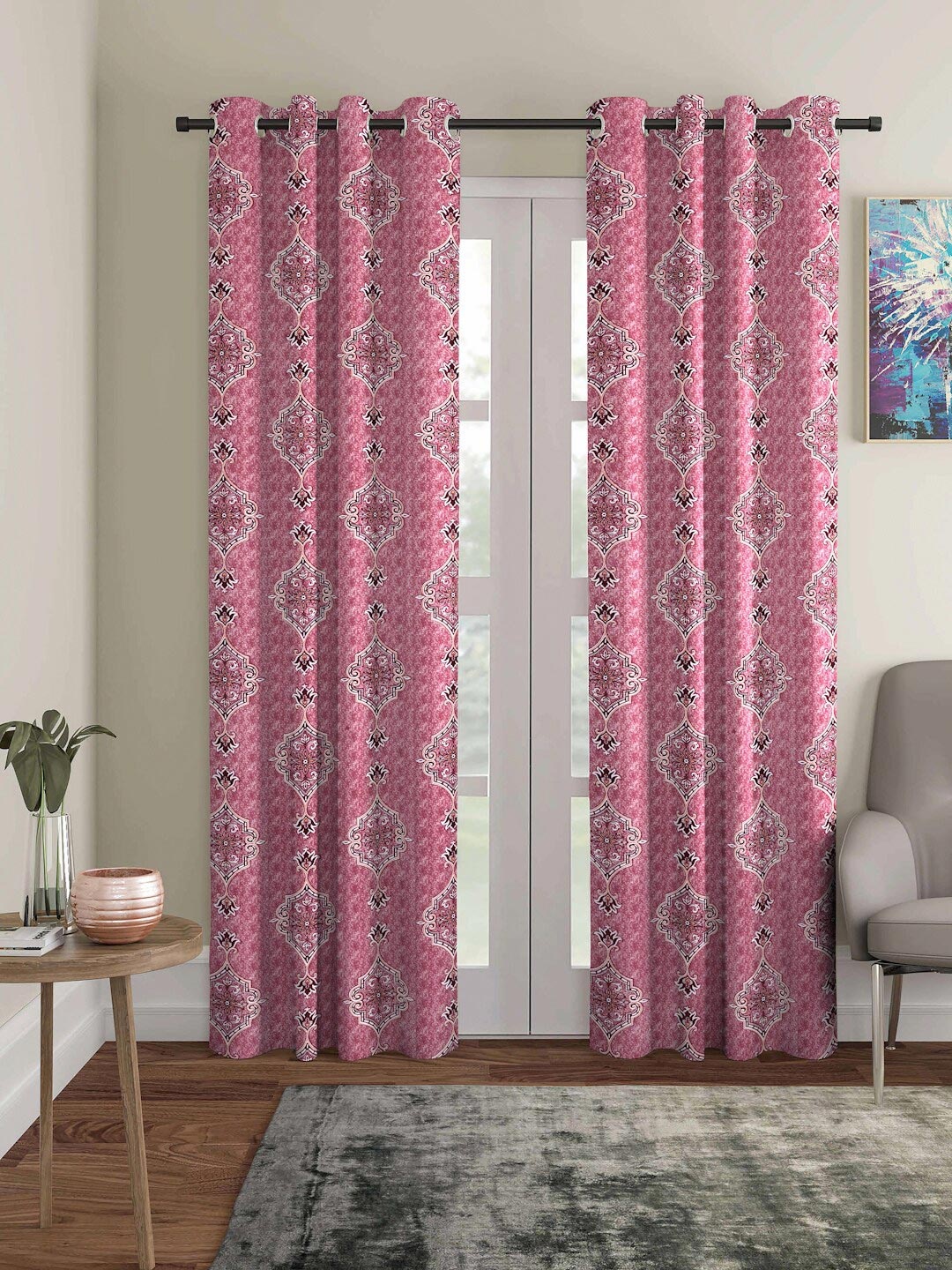 

ROMEE Set of 2 Pink Ethnic Motifs Room Darkening Long Door Curtain