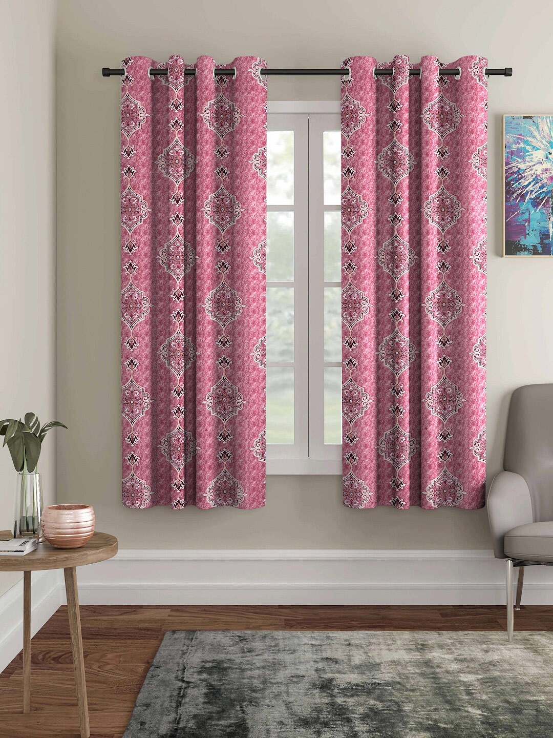 

ROMEE Pink Set of 2 Ethnic Motifs Printed Room Darkening 5FT Window Curtain