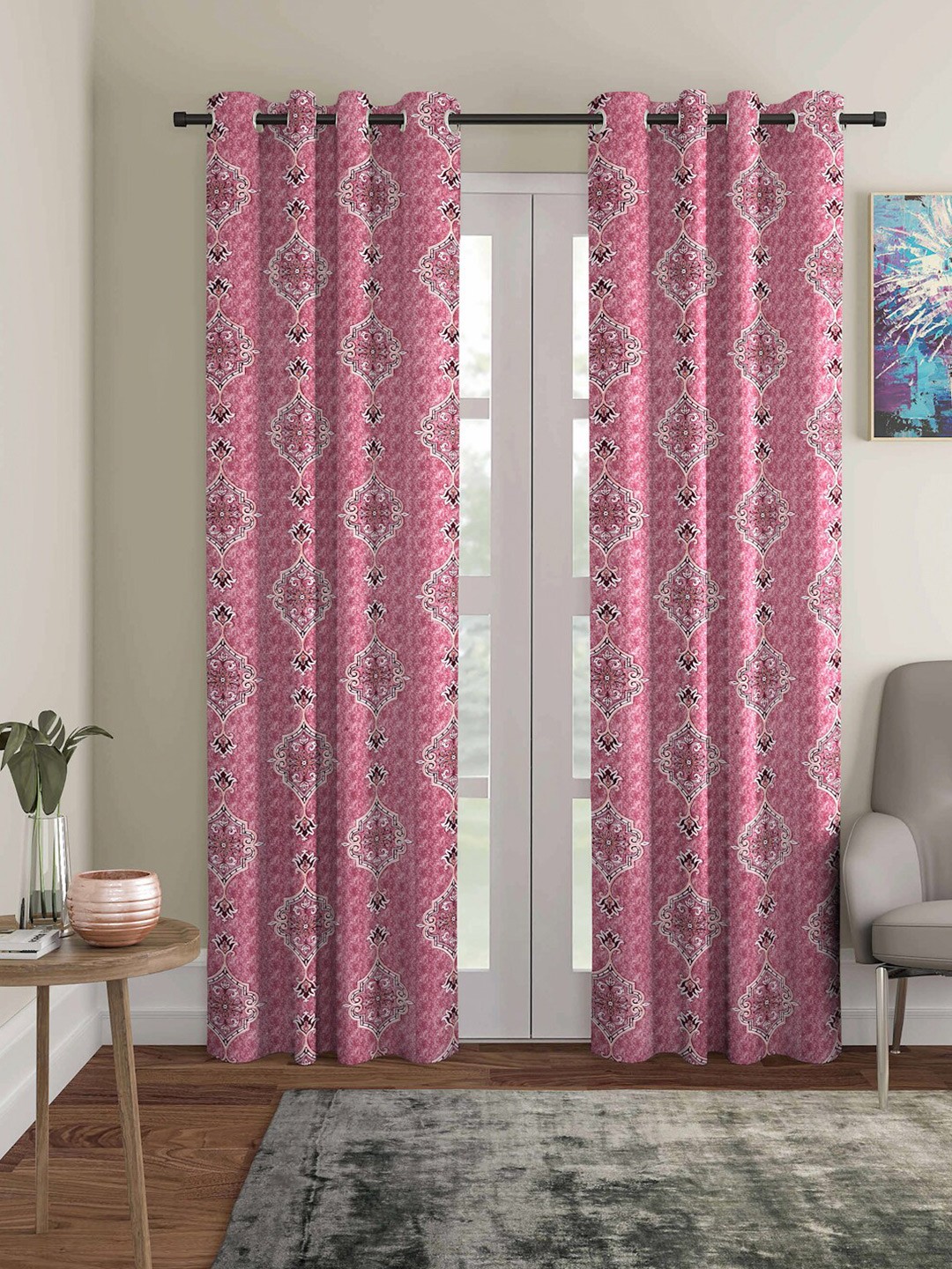 

ROMEE Pink Set of 2 Ethnic Motifs Room Darkening Door Curtain