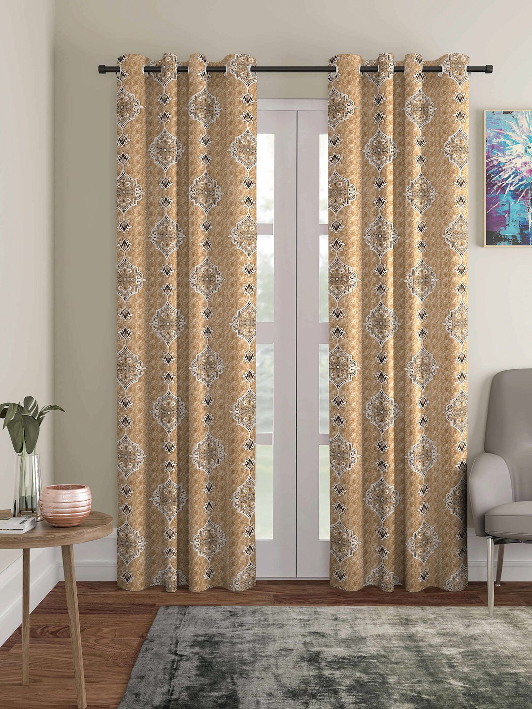 

ROMEE Set of 2 Gold-Toned & White Ethnic Motifs Room Darkening Long Door Curtain