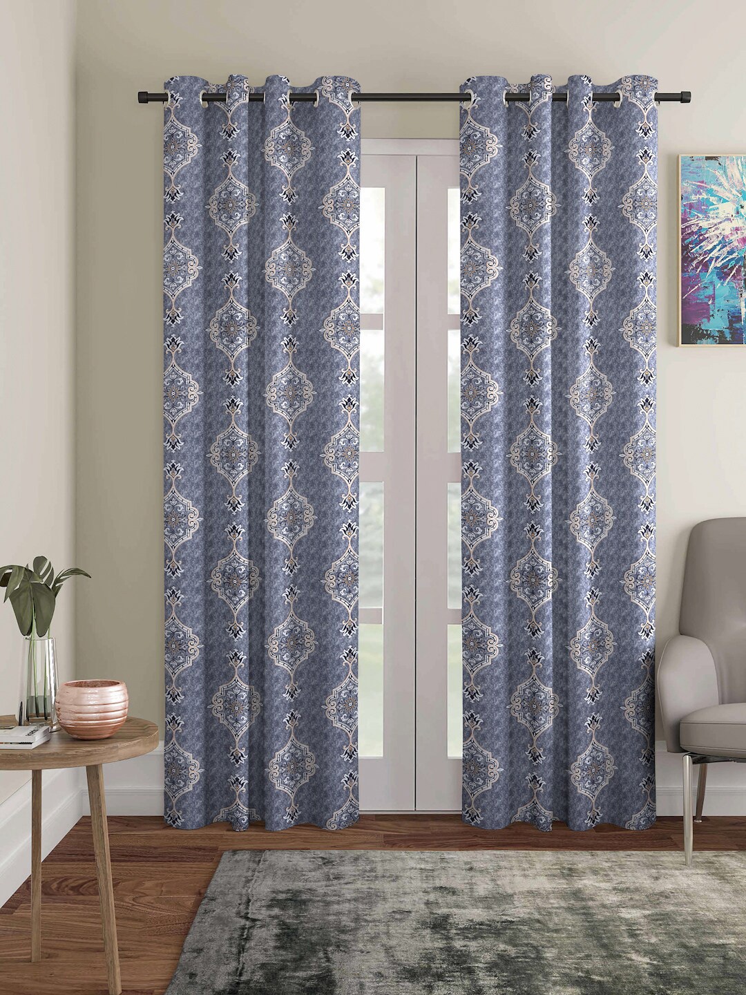 

ROMEE Blue & White Set of 2 Ethnic Motifs Room Darkening Long Door Curtain