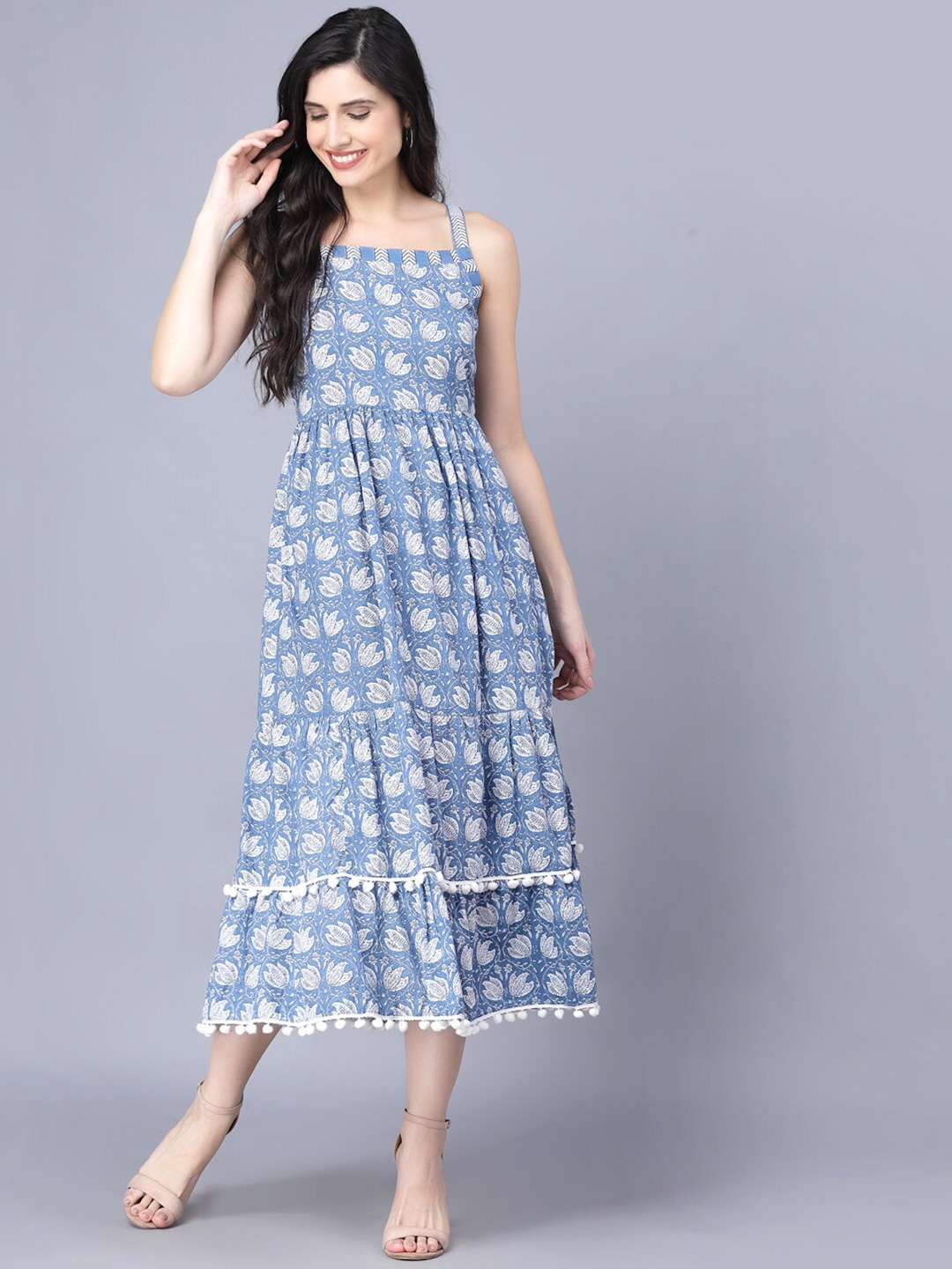 

Myshka Women Blue Printed Shoulder Strap Pom Pom Detail Midi Dress