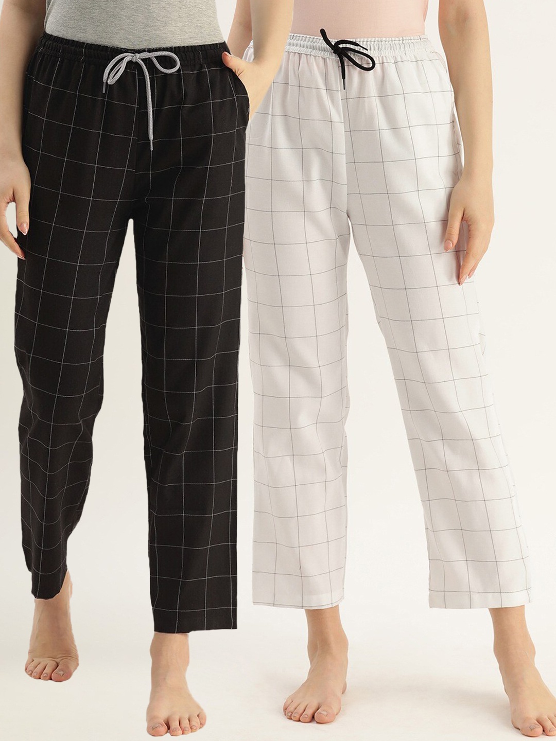 

Kryptic Women Pack Of 2 BLack & White Checked Pure Cotton Lounge Pants