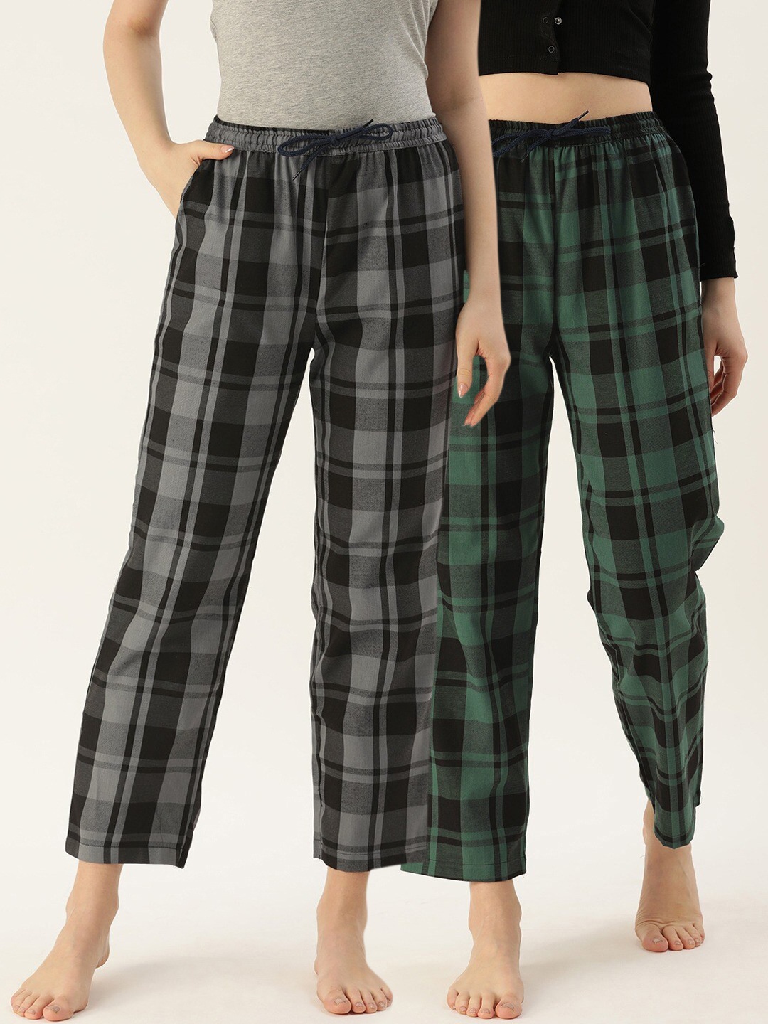 

Kryptic Women Pack Of 2 Green and Black Checked Pure Cotton Lounge Pants