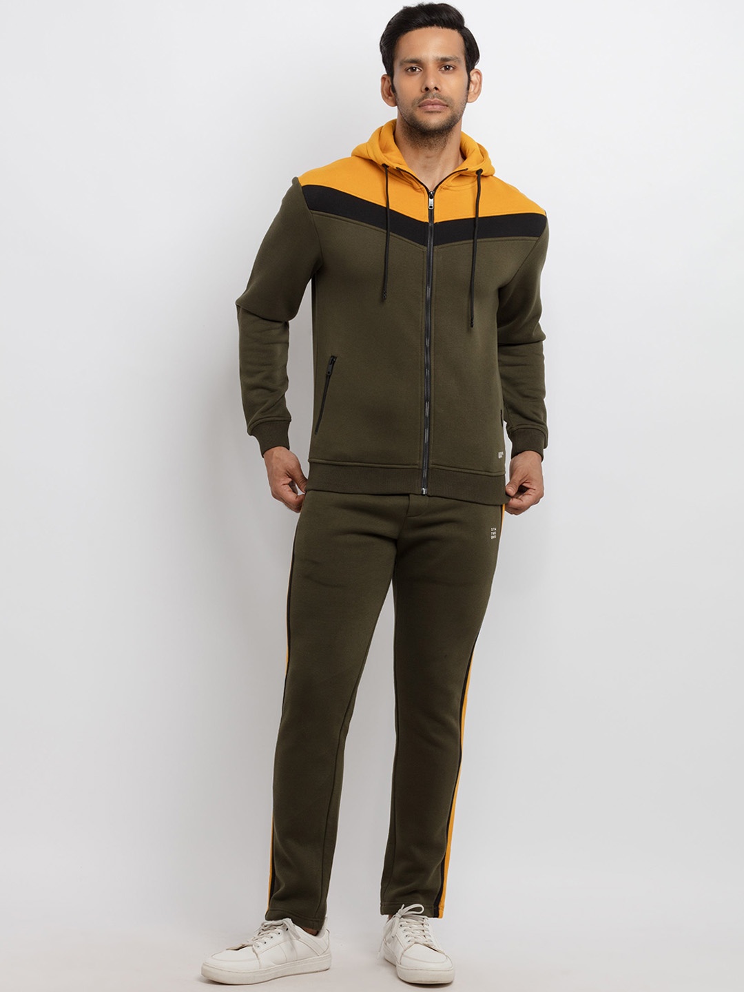 

Status Quo Men Olive Green & Mustard Yellow Colourblocked Tracksuits