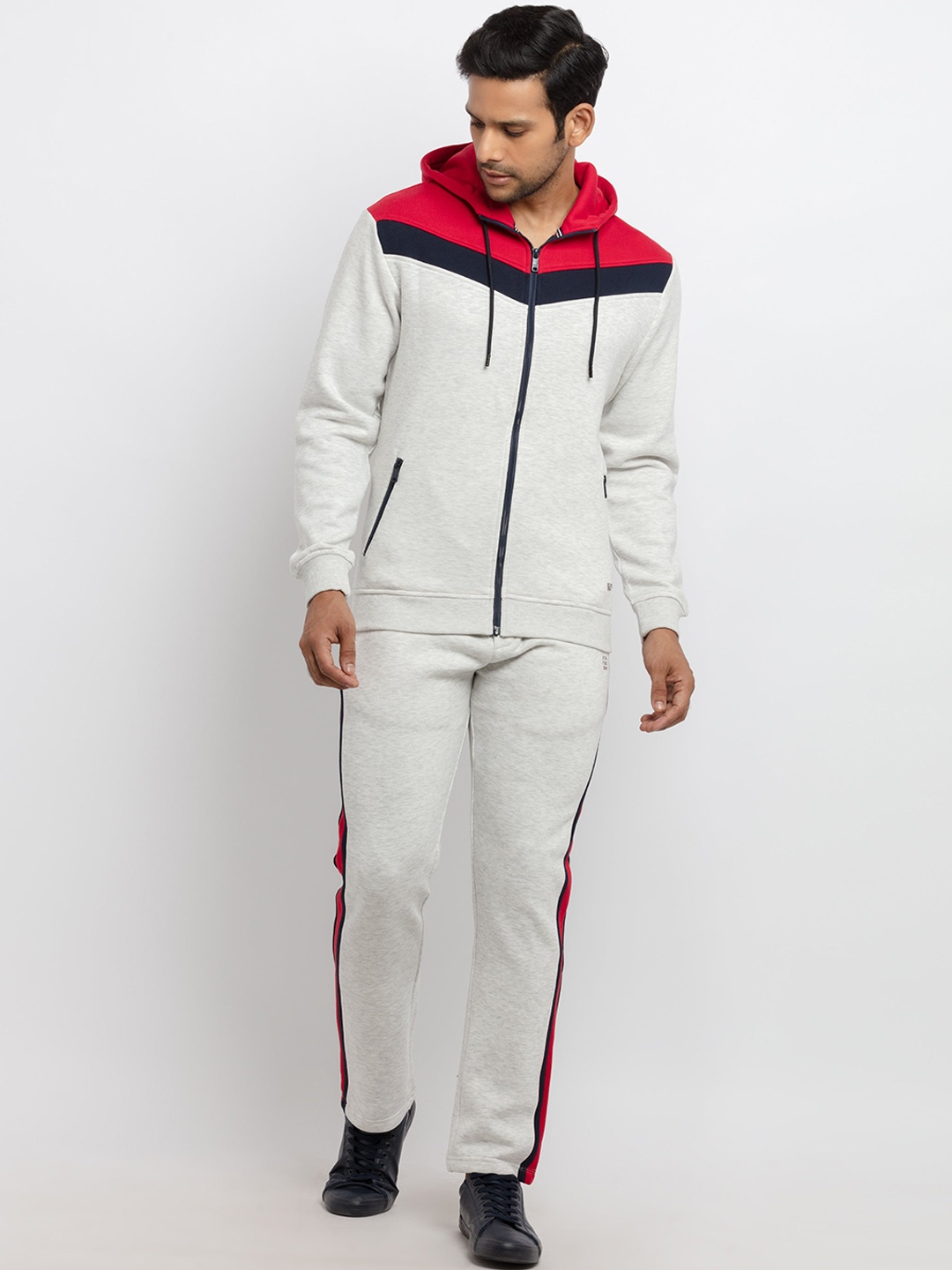 

Status Quo Men Grey & Red Colourblocked Cotton Tracksuit