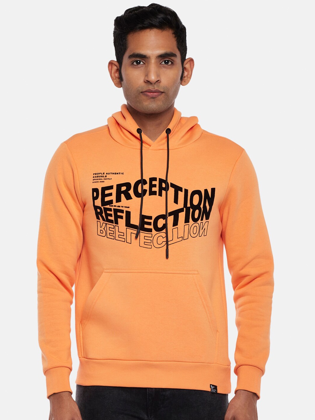 

People Men Orange Printed Hooded Sweatshirt