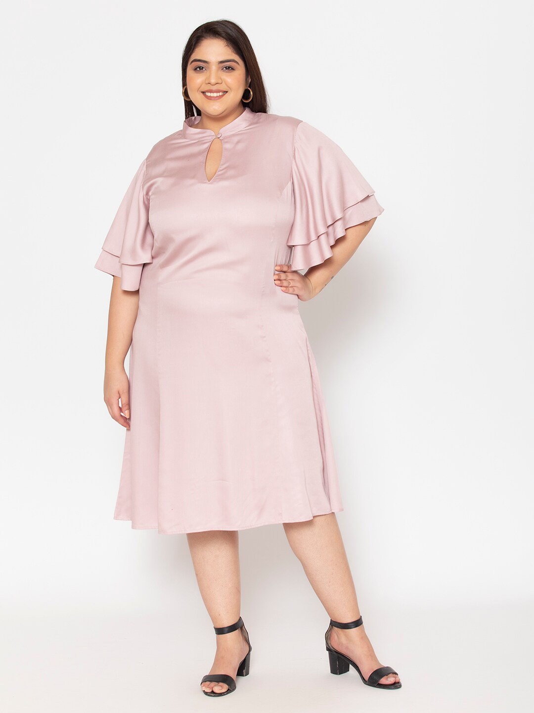 

Womauraa Plus Size Women Pink Keyhole Neck Satin Midi Dress
