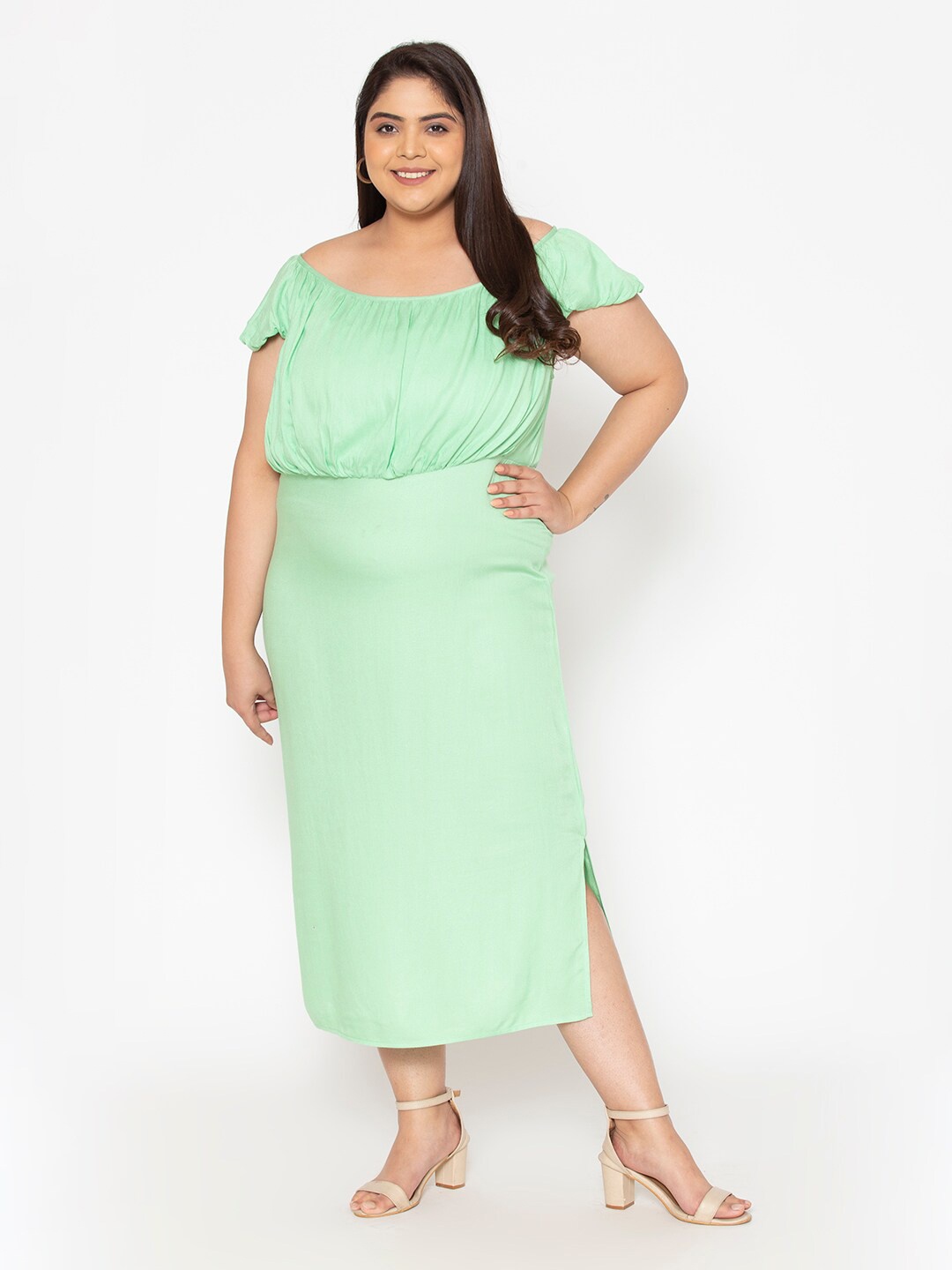 

Womauraa Green A-Line Plus Size Midi Dress