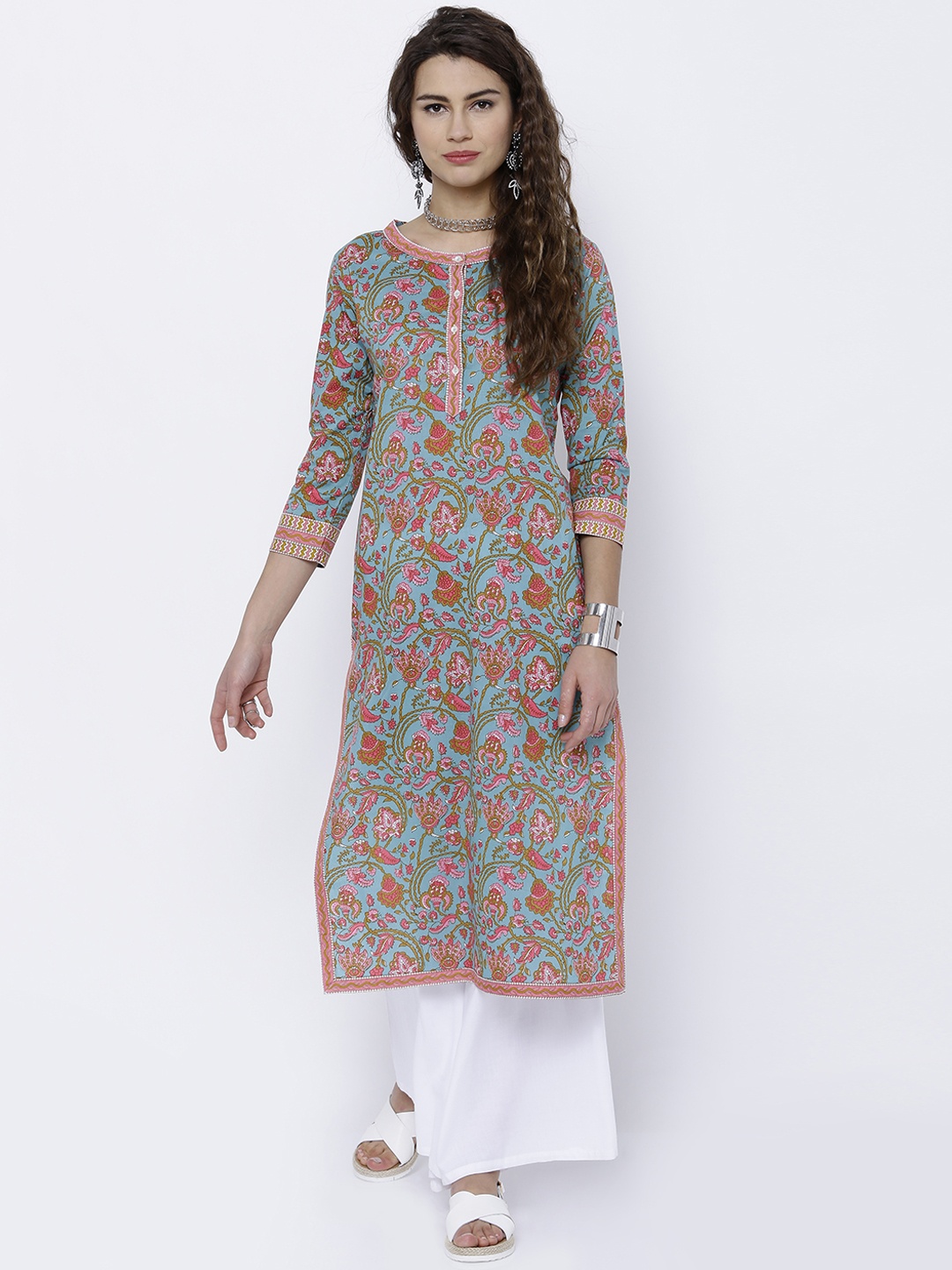

Vishudh Women Blue & Pink Printed Straight Kurta