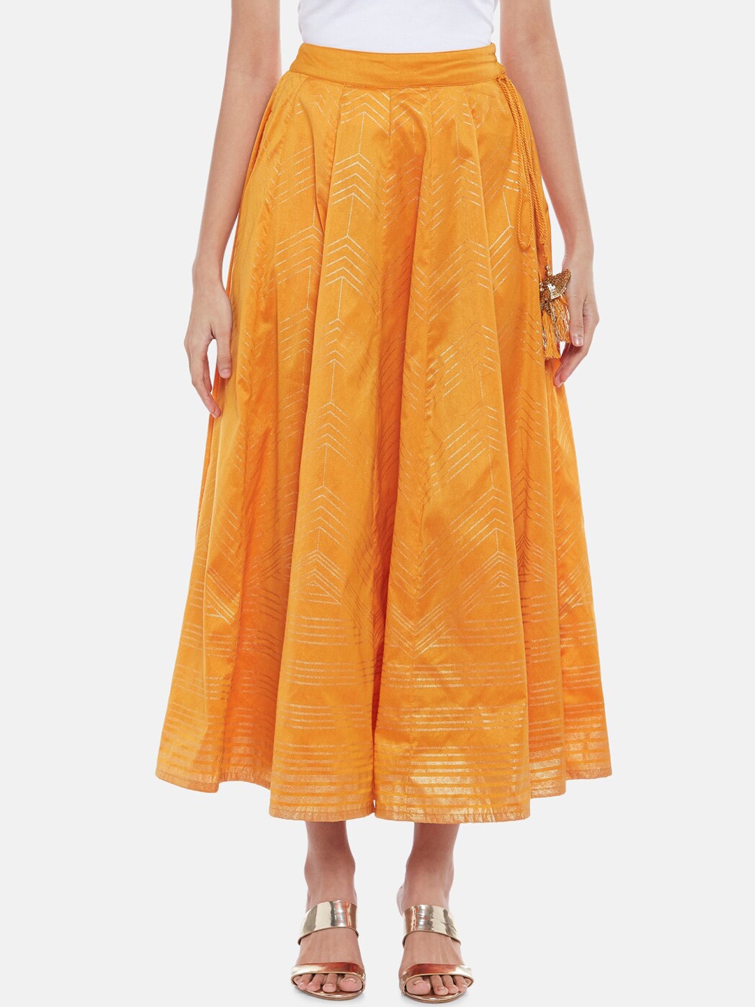 

AKKRITI BY PANTALOONS Women Mustard Yellow Printed Flared Midi Skirts