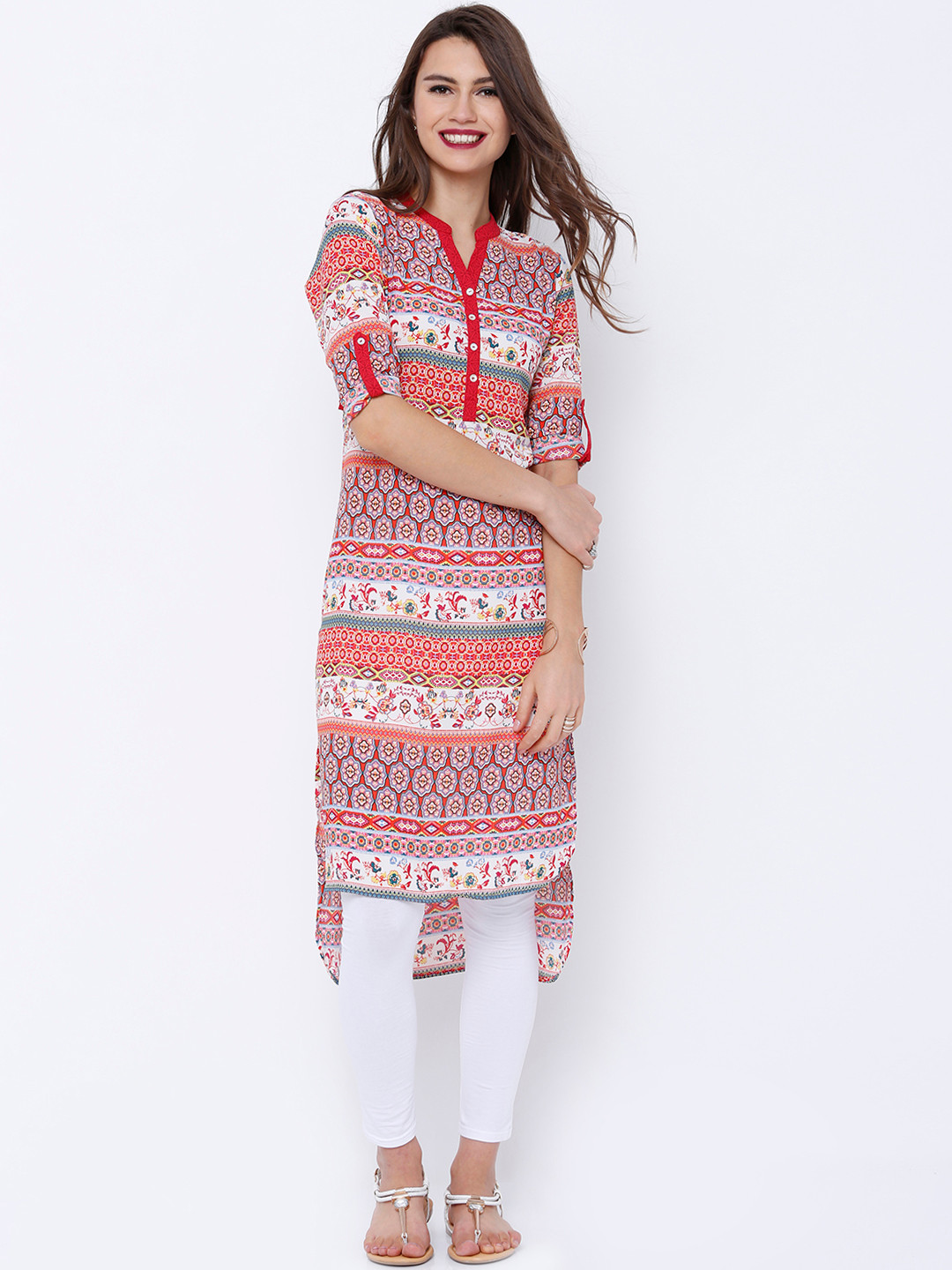 

Vishudh Women Orange & White Printed Straight Kurta