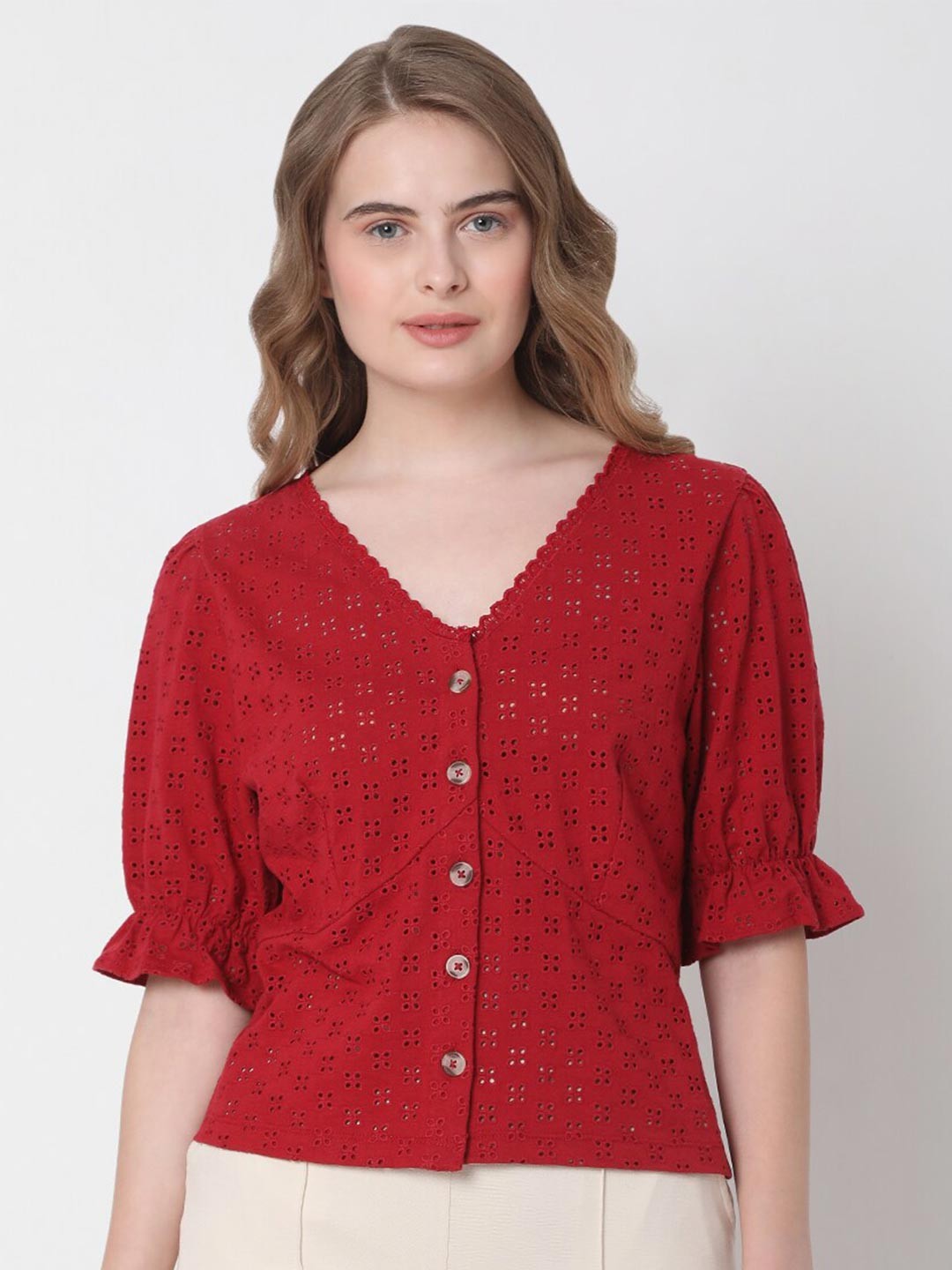 

Vero Moda Women Red V-Neck Puff Sleeves T-shirt