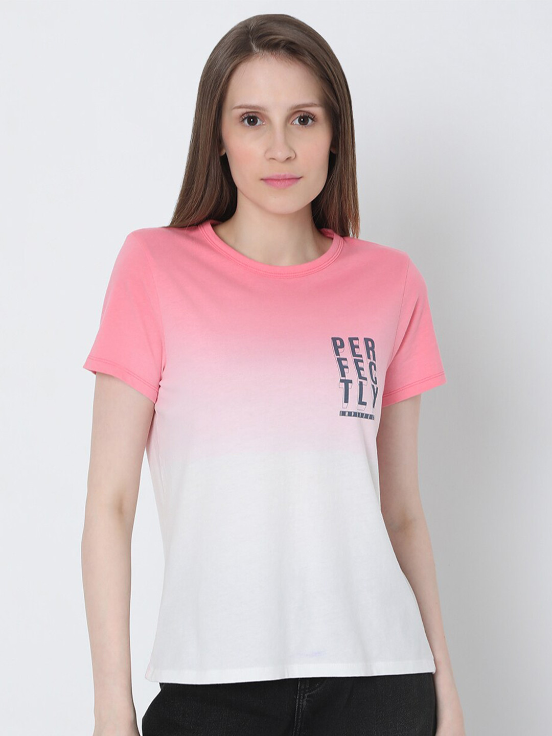 

Vero Moda Women Pink & White Tie and Dye Dyed T-shirt
