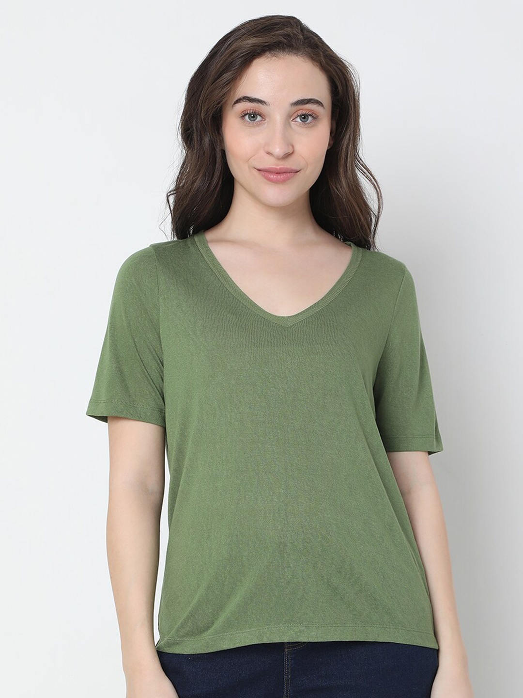 

Vero Moda Women Green V-Neck Extended Sleeves T-shirt